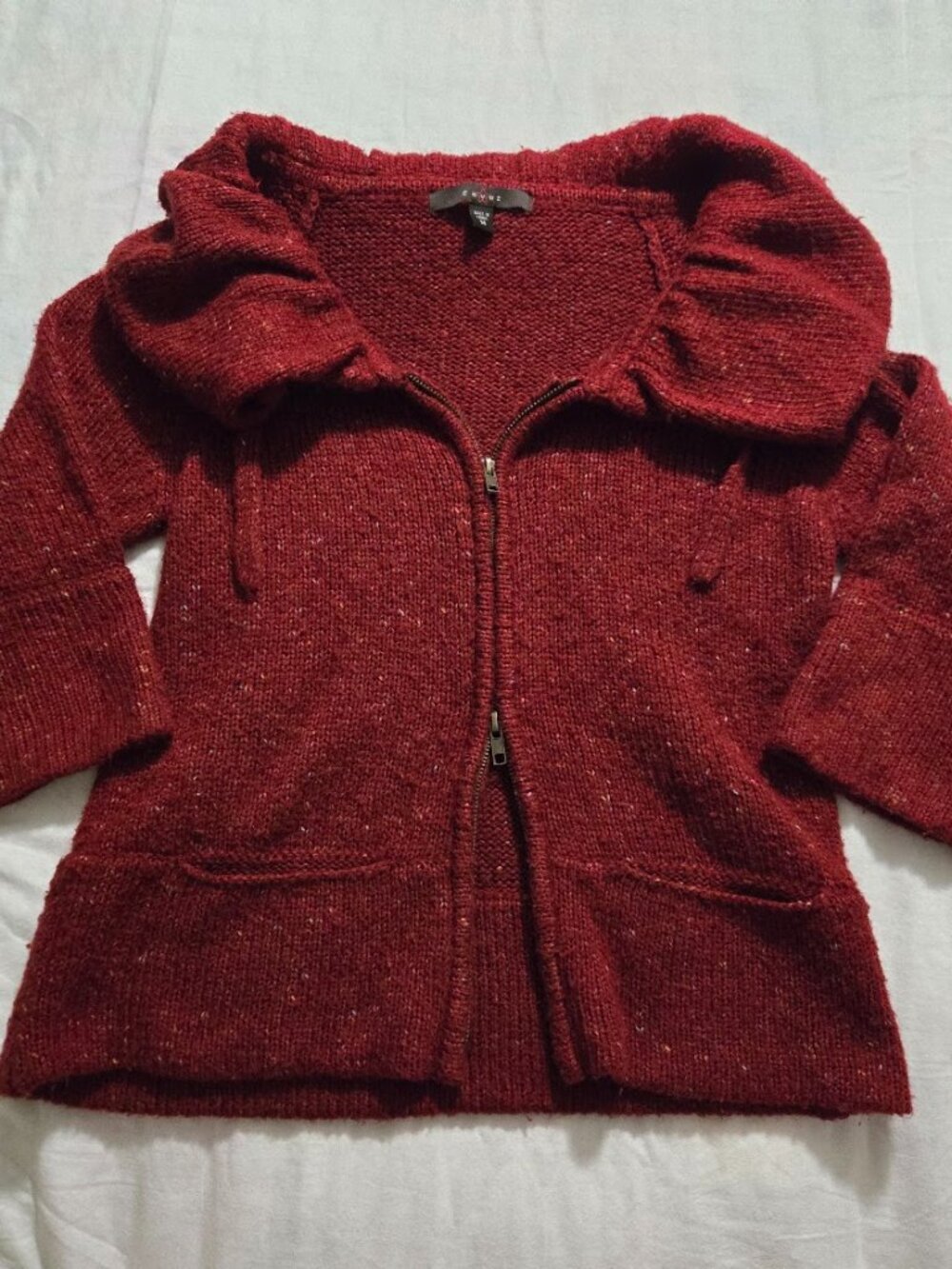 Fever Burgundy Heathered Chunky Knit Two-Way Zip Cowl Cardigan M